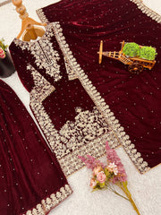 Trendy Maroon Velvet With Coding Work Sharara Suit