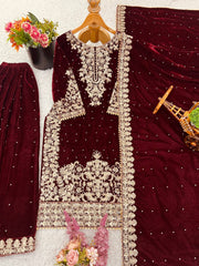 Trendy Maroon Velvet With Coding Work Sharara Suit