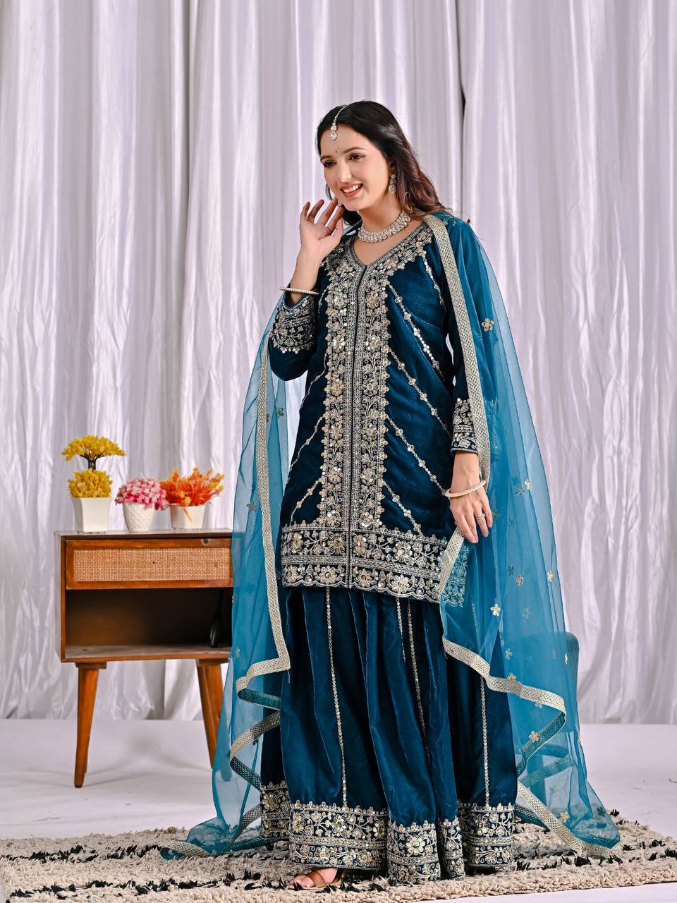 Awesome Blue Velvet Work Sharara Suit