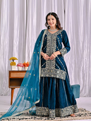 Awesome Blue Velvet Work Sharara Suit