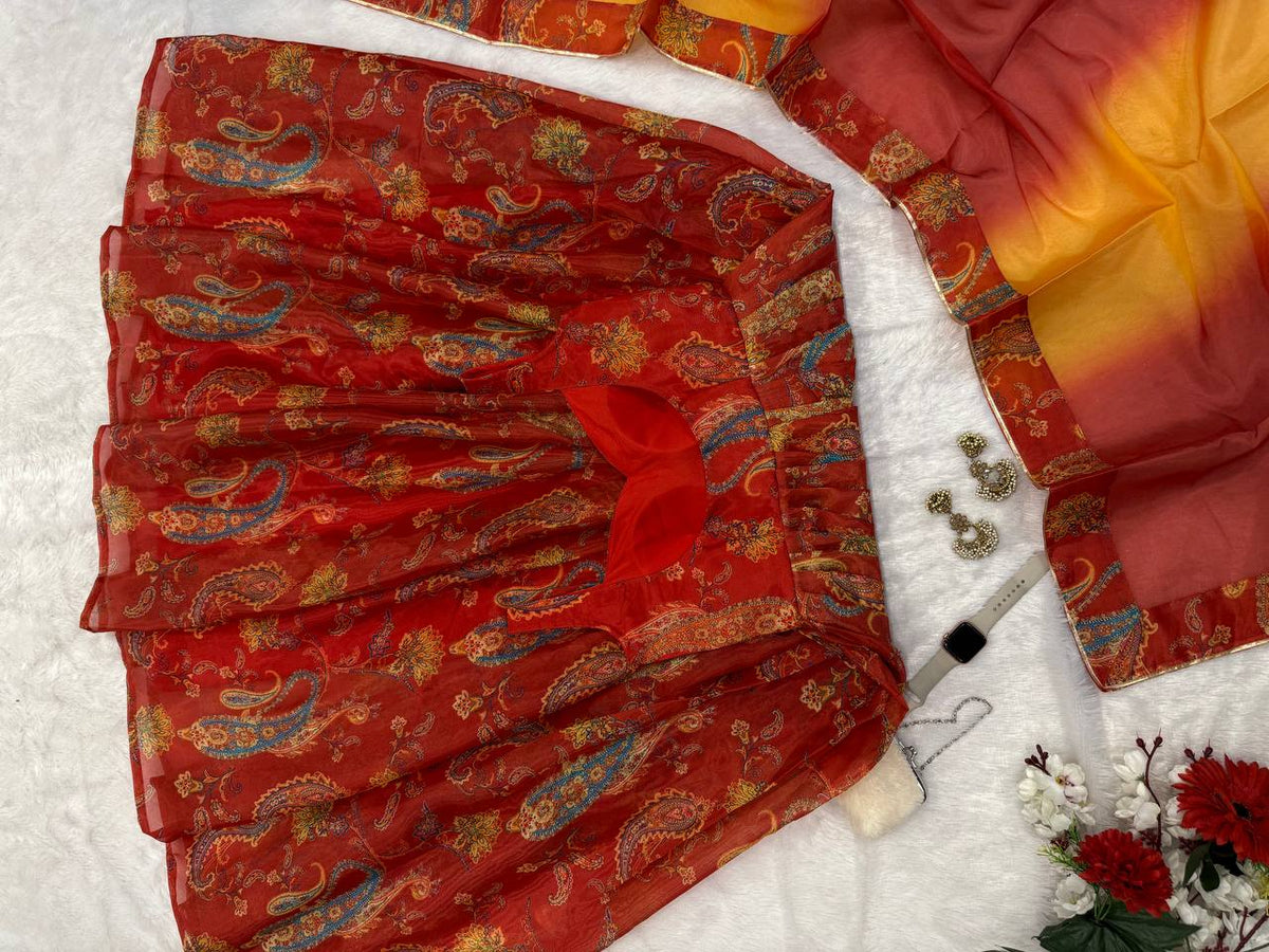 Glorious Red Organza Digital Printed Anarkali Gown