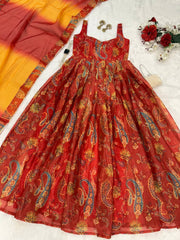 Glorious Red Organza Digital Printed Anarkali Gown