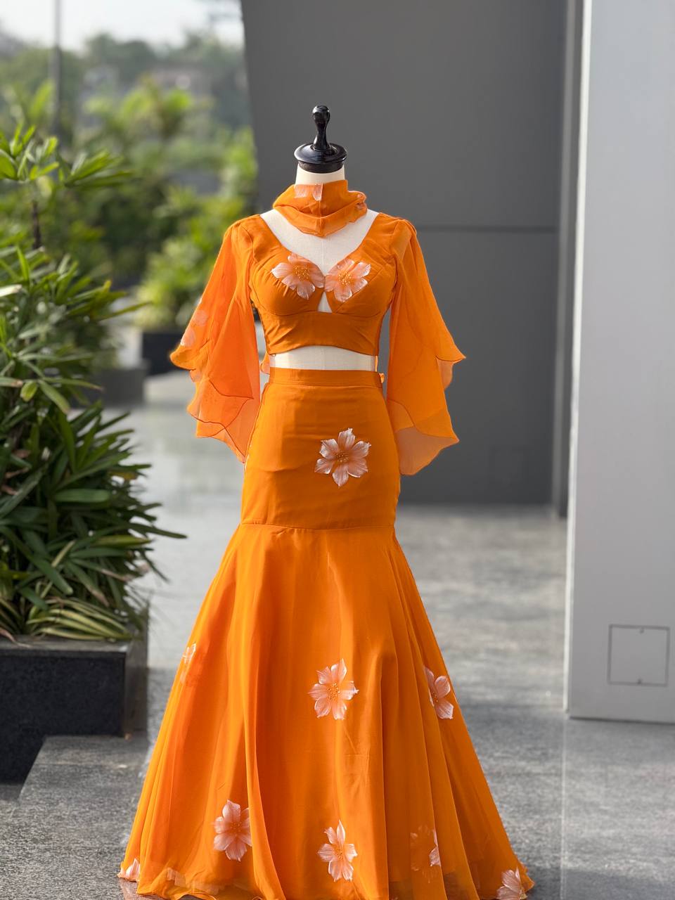 Alluring Orange Georgette Handpaint Lehenga Choli
