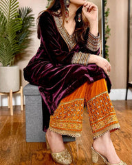 Trendy Maroon Velvet Sequence Work Palazzo Suit