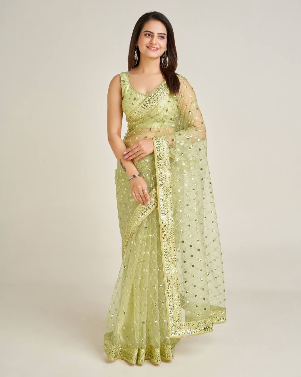 Glorious Green Net with Sequins Work Saree