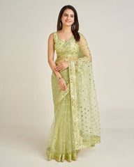 Glorious Green Net with Sequins Work Saree
