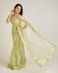 Glorious Green Net with Sequins Work Saree
