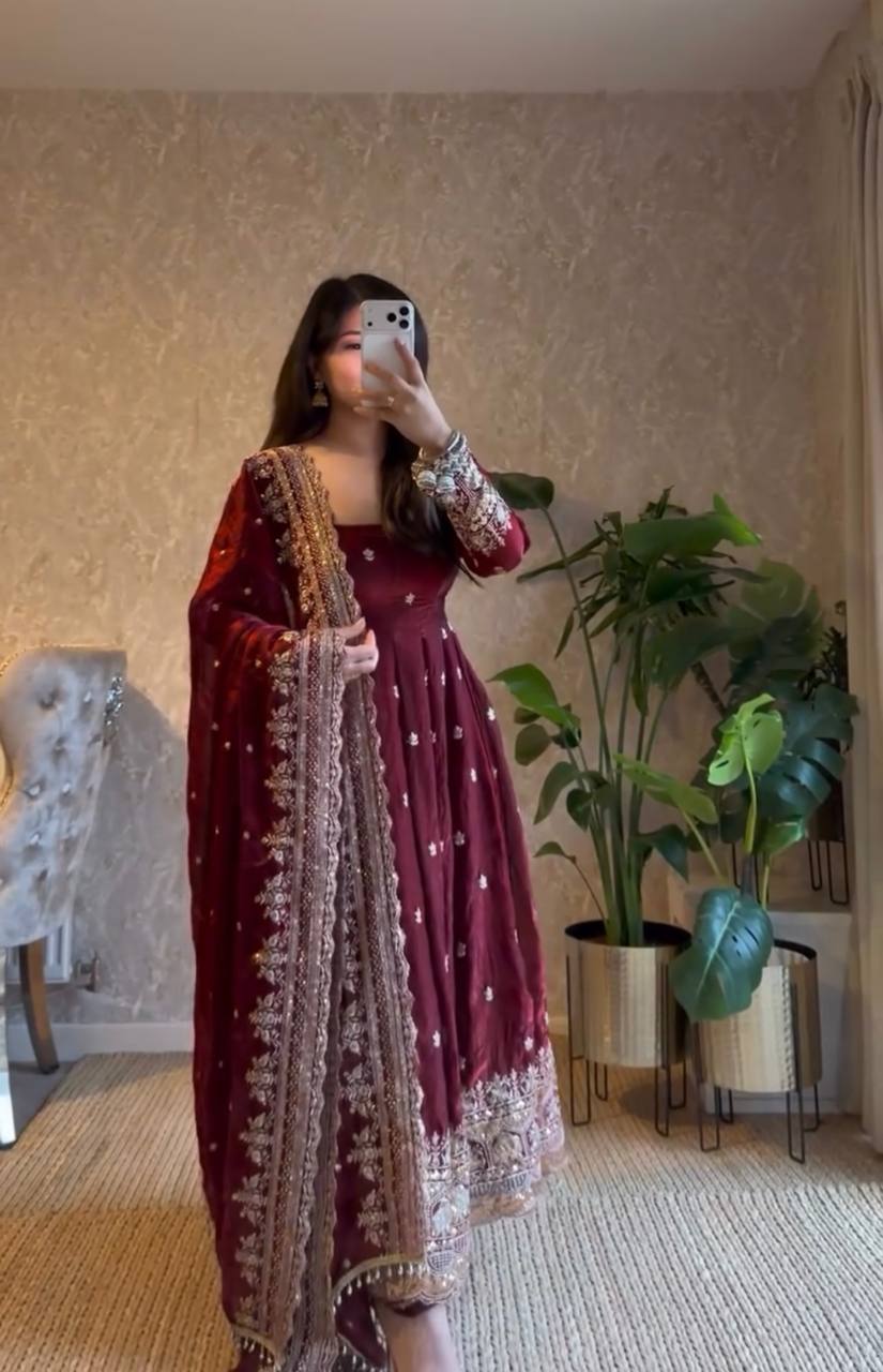 Amazing Maroon Georgette Embroidery Work Gown