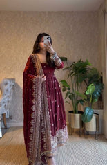 Amazing Maroon Georgette Embroidery Work Gown