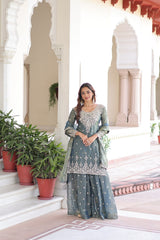 Gorgeous Green Fendi Silk Coding Work Sharara Suit