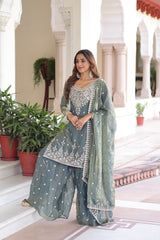 Gorgeous Green Fendi Silk Coding Work Sharara Suit