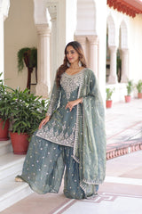 Gorgeous Green Fendi Silk Coding Work Sharara Suit
