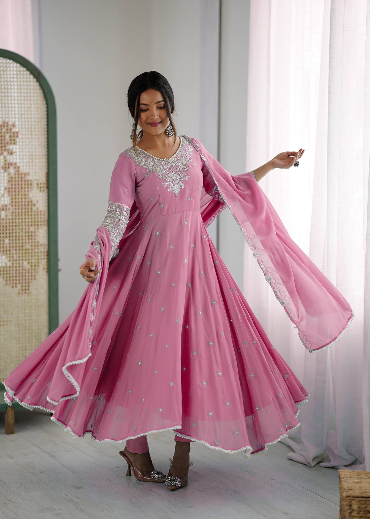 Amazing Pink Faux Sequence Work Anarkali Gown