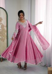 Amazing Pink Faux Sequence Work Anarkali Gown