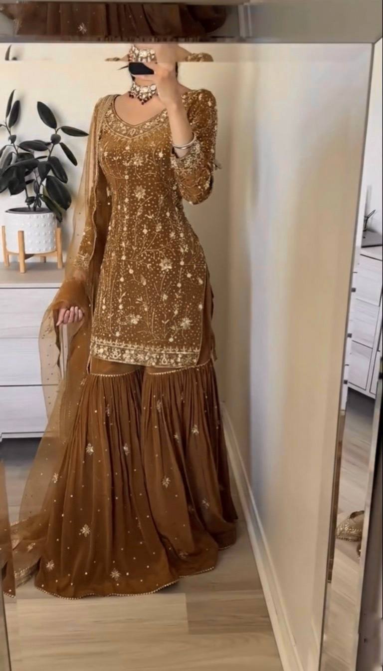 Amazing Brown Georgette Zarkan Work Sharara Suit