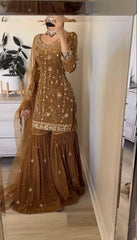 Amazing Brown Georgette Zarkan Work Sharara Suit