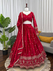 Ravishing Red Satin Thread and Sequence Work Lehenga Choli
