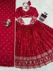 Ravishing Red Satin Thread and Sequence Work Lehenga Choli