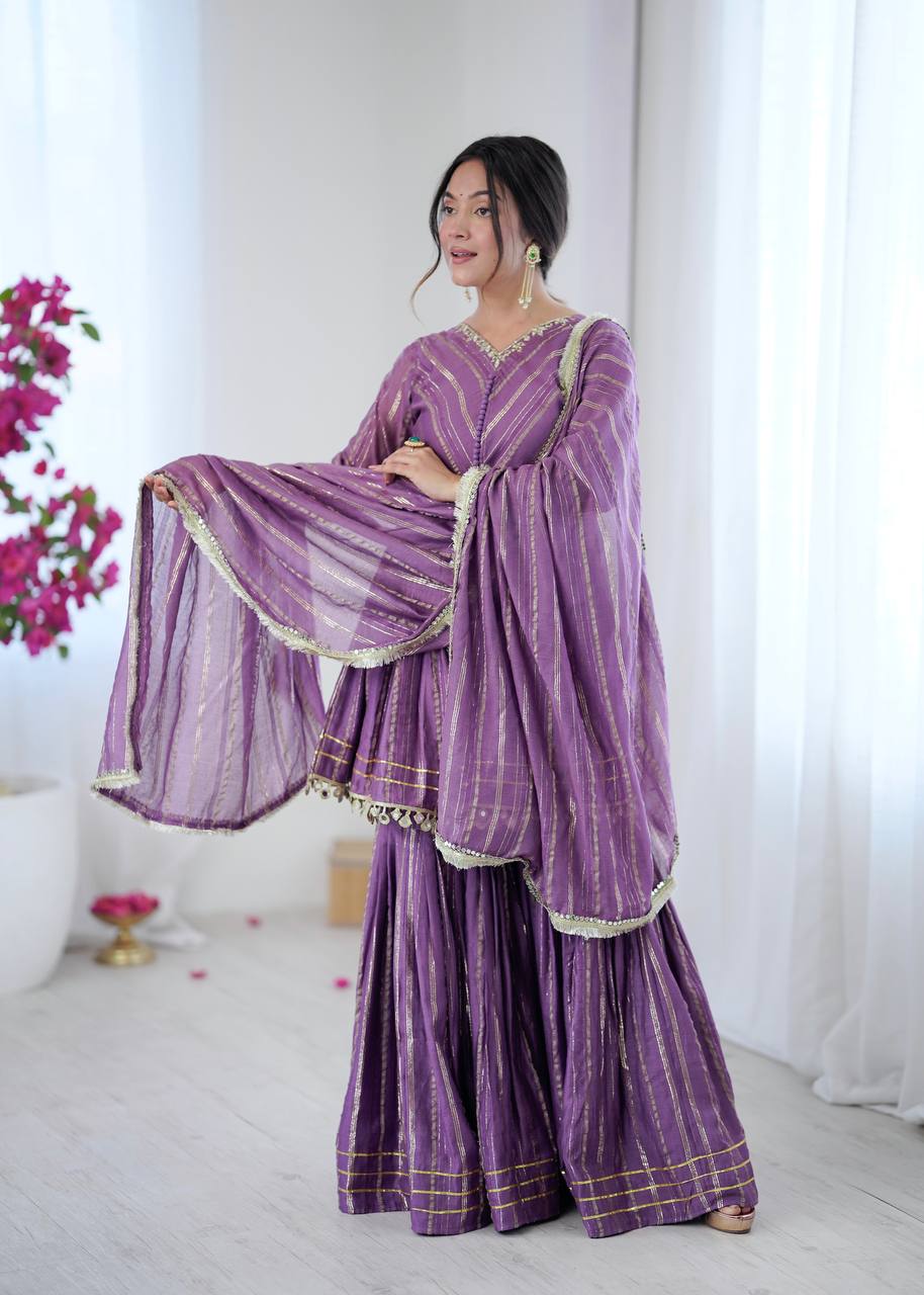 Trendy Purple Chanderi Mirror Work Sharara Suit