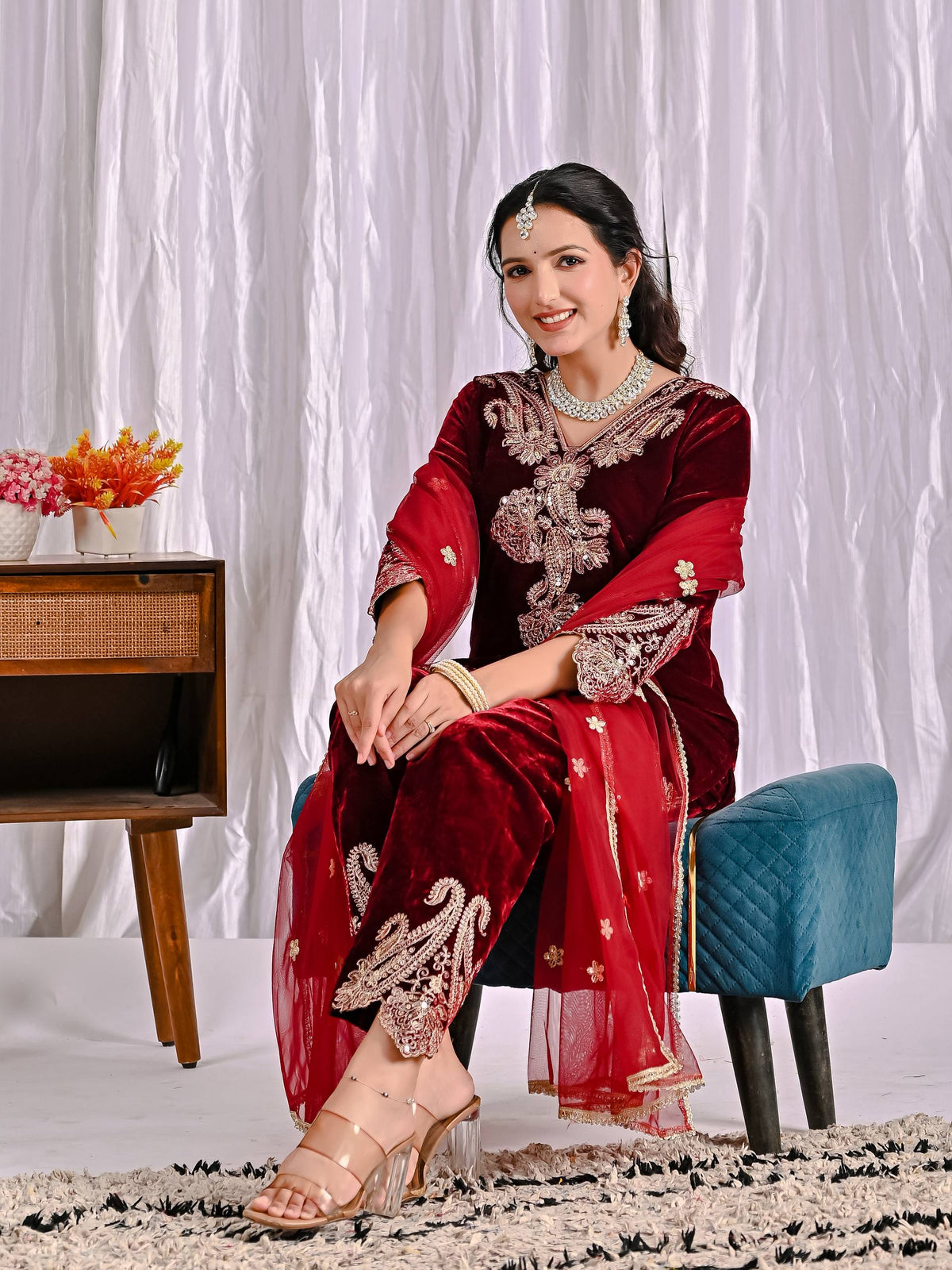 Lovely Maroon Velvet Sequence Work Suit