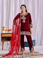 Lovely Maroon Velvet Sequence Work Suit