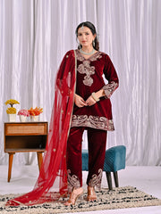Lovely Maroon Velvet Sequence Work Suit