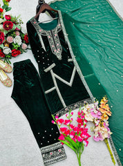 Lovely Green Velvet with Embroidery Work Sharara Suit