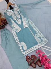 Trendy Blue Organza Embroidery Palazzo Suit
