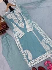 Trendy Blue Organza Embroidery Palazzo Suit