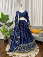 Lovely Blue Satin Thread Work Lehenga Choli