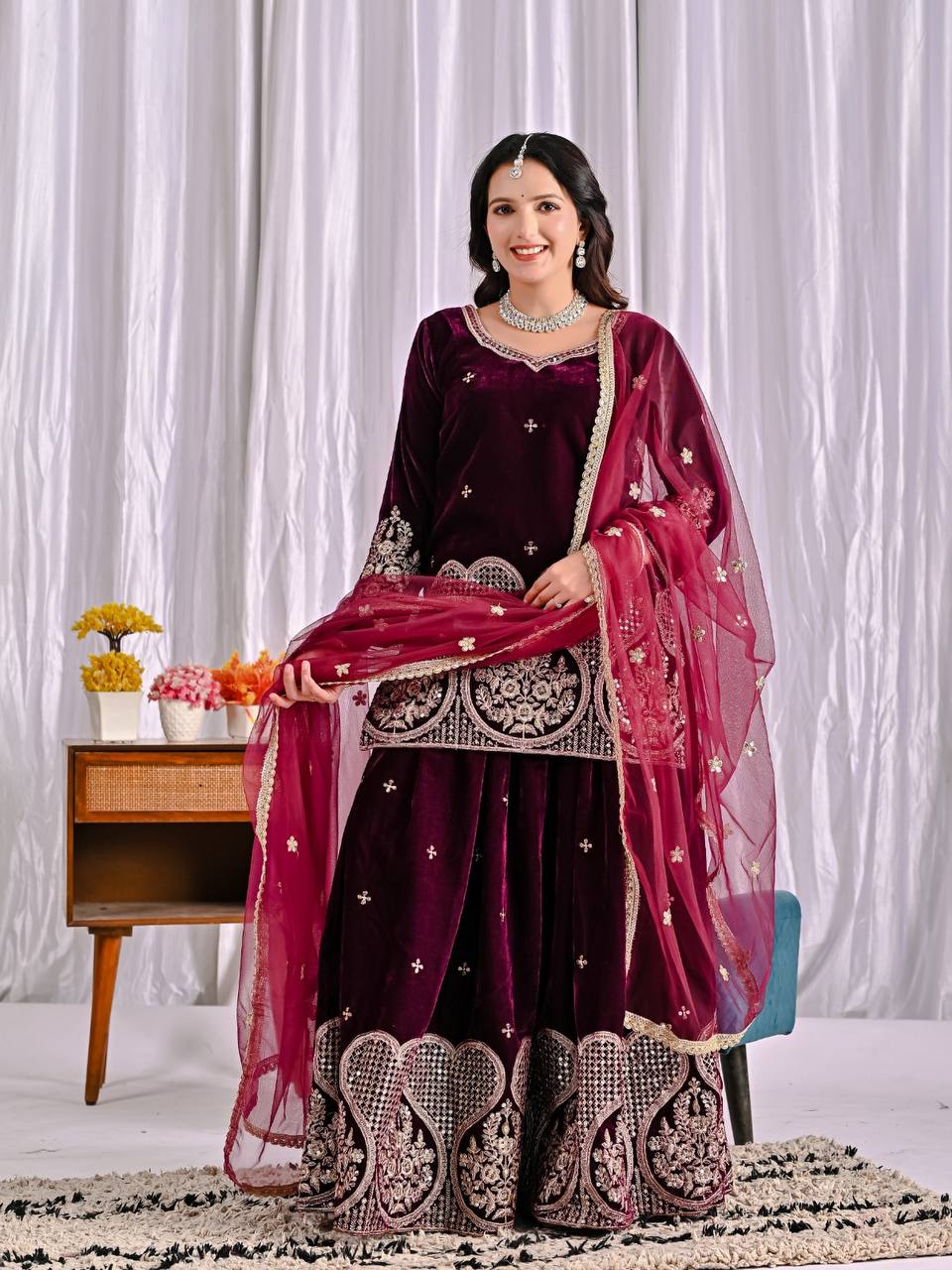 Ravishing Maroon Velvet Embroidery Work Sharara Suit