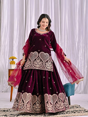 Ravishing Maroon Velvet Embroidery Work Sharara Suit