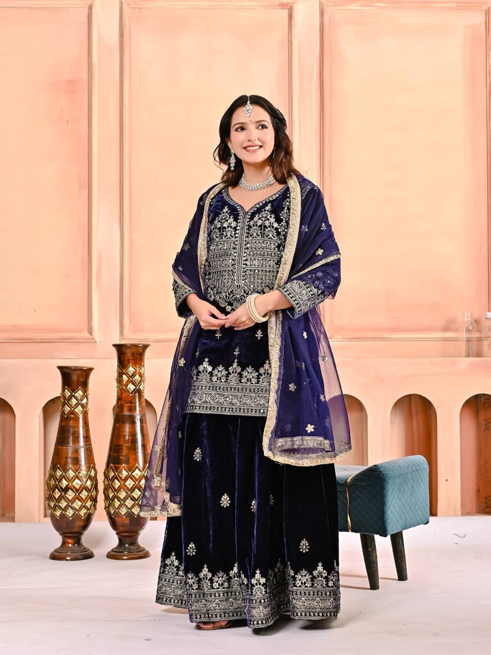 Trendy Blue Velvet Embroidery Work Sharara Suit