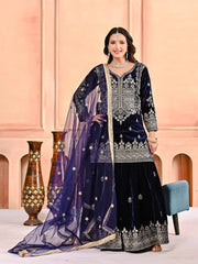 Trendy Blue Velvet Embroidery Work Sharara Suit
