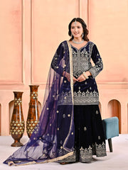 Trendy Blue Velvet Embroidery Work Sharara Suit