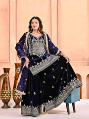 Trendy Blue Velvet Embroidery Work Sharara Suit
