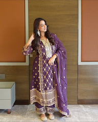 Classy Purple Chinnon Embroidery Palazzo Suit