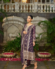 Classy Purple Chinnon Embroidery Palazzo Suit