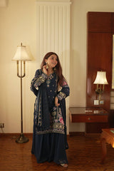 Lovely Blue Georgette Sequence Work Palazzo Suit