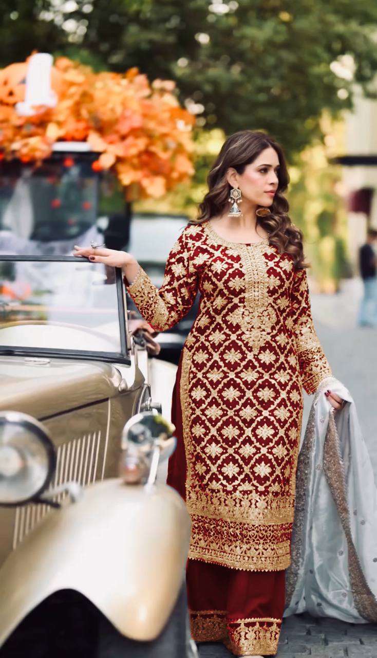 Trendy Maroon Georgette Chain Stitch Work Sharara Suit