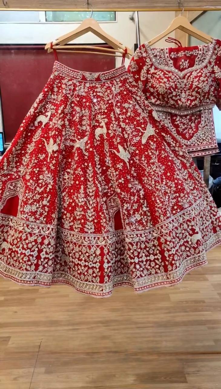 Awesome Red Net With Embroidery Work Lehenga