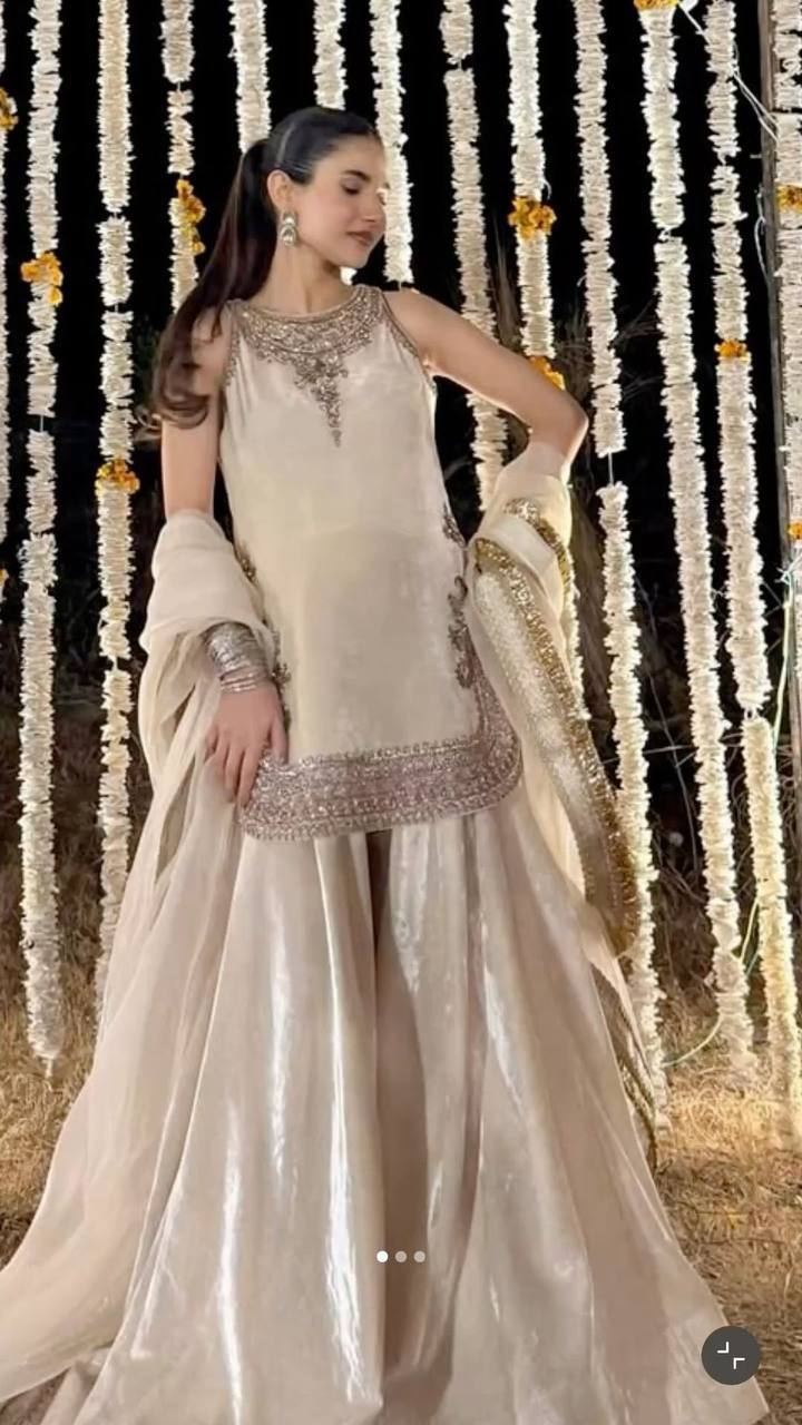 Lovely White Velvet Embroidery Work Palazzo Suit