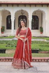 Alluring Red Silk Embroidered Lehenga Choli