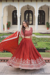 Alluring Red Silk Embroidered Lehenga Choli