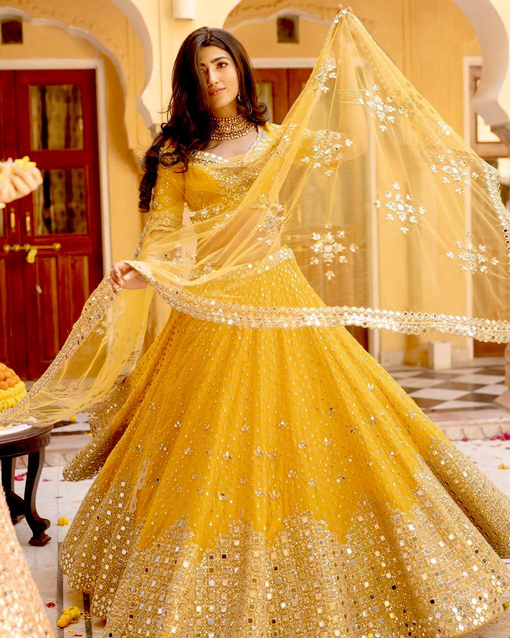 Awesome Yellow Georgette Mirror Work Lehenga Choli