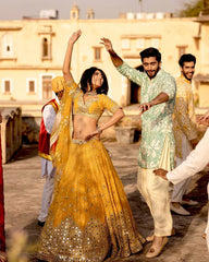 Awesome Yellow Georgette Mirror Work Lehenga Choli