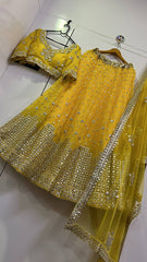 Awesome Yellow Georgette Mirror Work Lehenga Choli