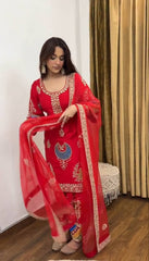 Glorious Red Crep Silk Sequence Work Palazzo Suit