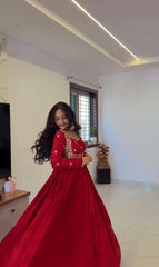 Lovely Red Chinon Silk Embroidery Work Gown