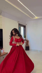 Lovely Red Chinon Silk Embroidery Work Gown